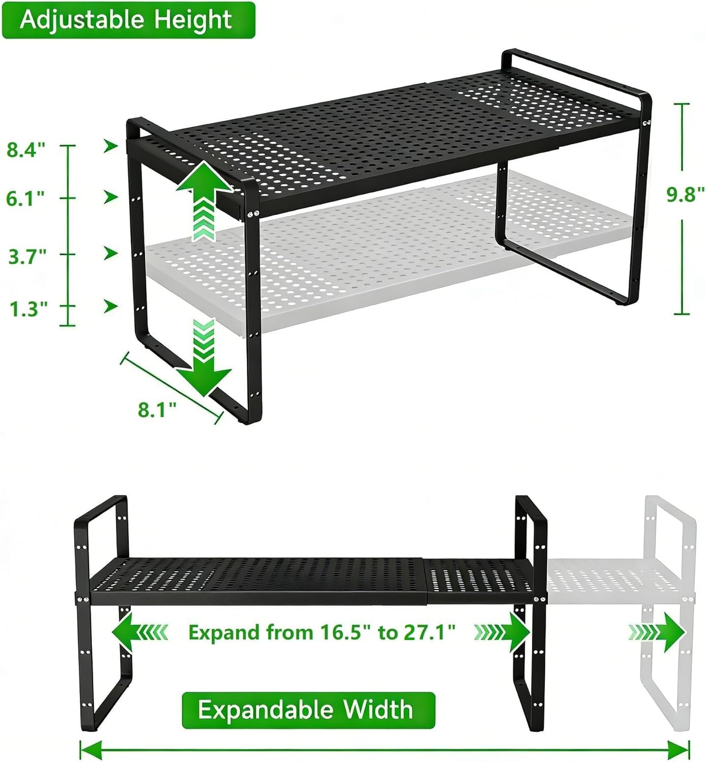 SOFRON Expandable Cabinet Organizer Shelf - Adjustable Width (16.5”-27.1”), Stackable, Heavy Duty 80 lbs, for Kitchen Pantry, Countertop, Office, Spice Rack - Black, Small Size, 1 Pack