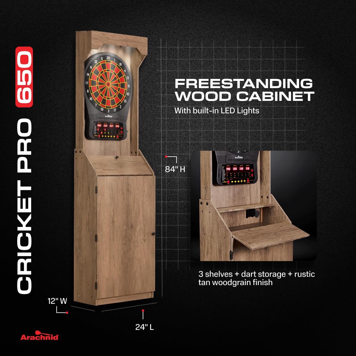 Arachnid Rustic Wood Cabinet: Freestanding LED Unit with E650 Electronic Board. Features 33 Games, 303 Variations, and 8-Player Scoring. Includes 6 Darts and Accessories for a Complete Setup