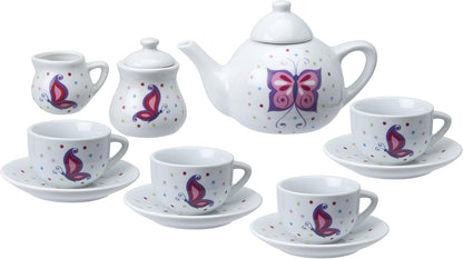 Set, 13 4 4 Alex Chasing Butterflies Ceramic Kids Tea Piece,Includes teacups, saucers, tea pot with lid, sugar bowl