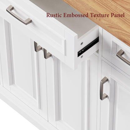 Ball & Cast Modern Large Kitchen Island with Rubber Wood Drop Leaf, Embossed Texture Rolling Cart on 4 Wheels W/4 Doors & 3 Drawers, Mobile Storage Kitchen Islands W/Storage for Dining Room,White,54"