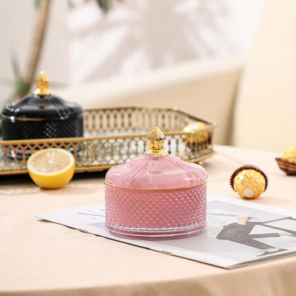 Glass Jewelry Jar, Diamond Faceted Candy Storage Bowl with Lid, Decorative Apothecary Canisters for Kitchen