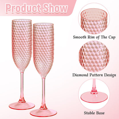 Pesonlook 48 Pack Plastic Champagne Glasses Pink Reusable Diamond Crystal Clear Wine Glasses Diamond Wine Cups Vintage Drinking Glasses for Wedding Reception, Grand Event Party Supplies
