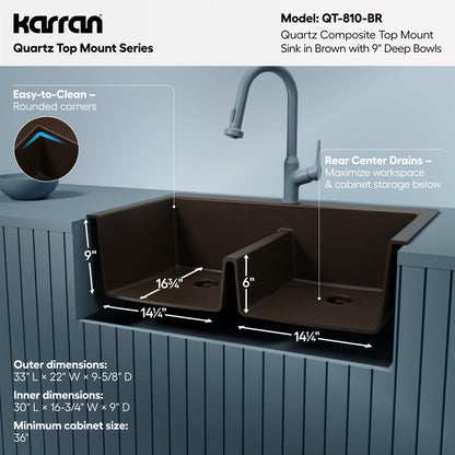Karran 33" Brown Quartz Composite Double Bowl Kitchen Sink – Top Mount Drop-In 50/50 Low Divider, 80% Natural Quartz, 535°F Heat Resistant, Sound Dampening, Granite Composite, QT-810