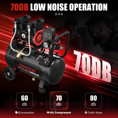 10 Gallon Ultra Quiet Air Compressor, Oil-Free Air Compressor Tank with Two Quick Couplers, 2HP 8.76 CFM@115PSI Pressure 70dB Electric Air Compressor for Woodwork Nailing, Garage, Auto Repair