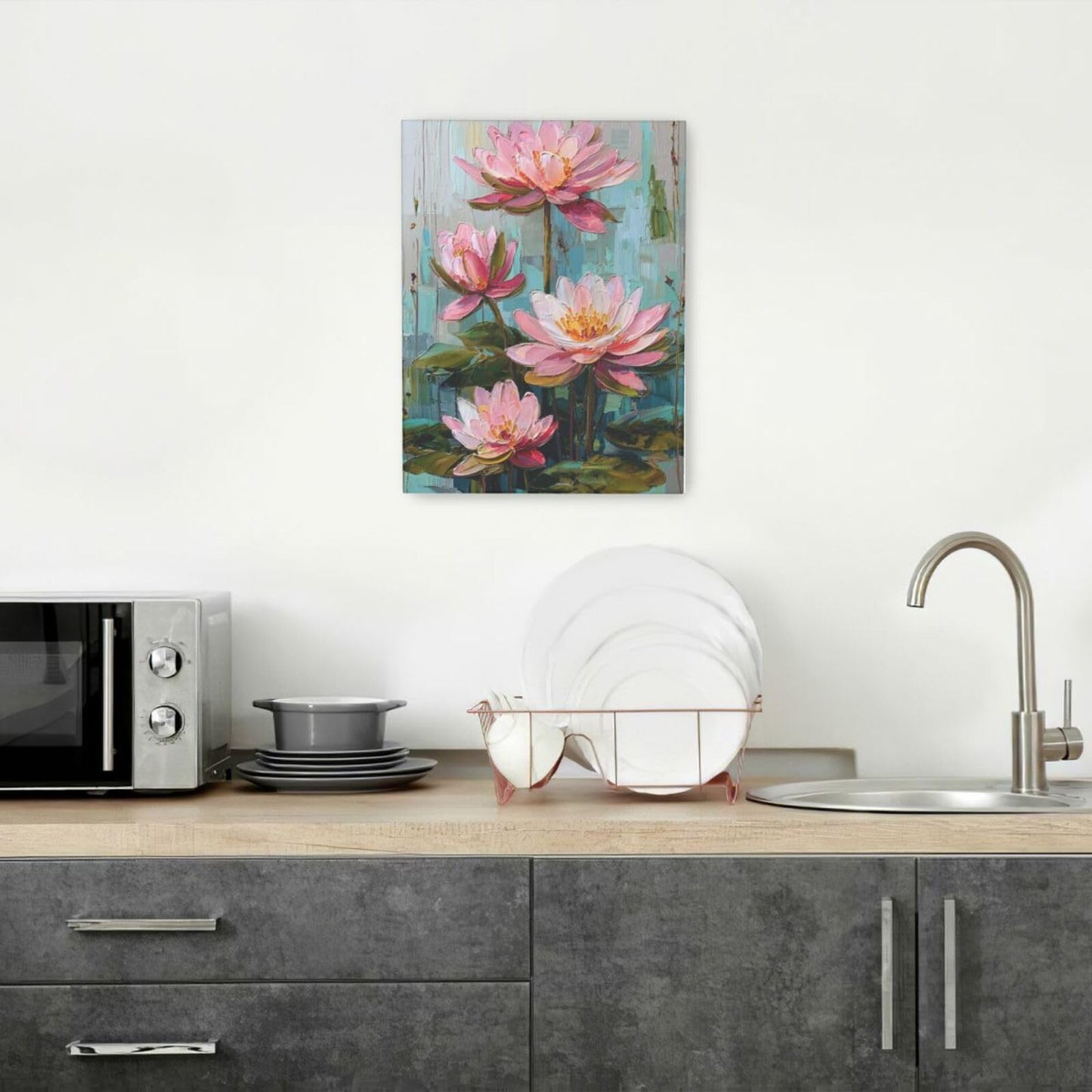 Pink Lotus Wall Art Zen Floral Pond Painting Meditation Peaceful Pictures Spa Room Wall Decor Artwork Framed Decoration For Bathroom Bedroom Living Room Office 12"x16"