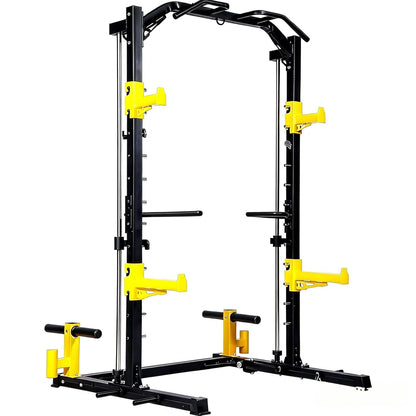 Fitvids Smith Machine Power Cage, 2000lb Multi-Function Squat Rack with Weight Plate Storage, J Hooks, T-Bar Row Platform & Multiple Grip Handles for Home Gym Strength Training
