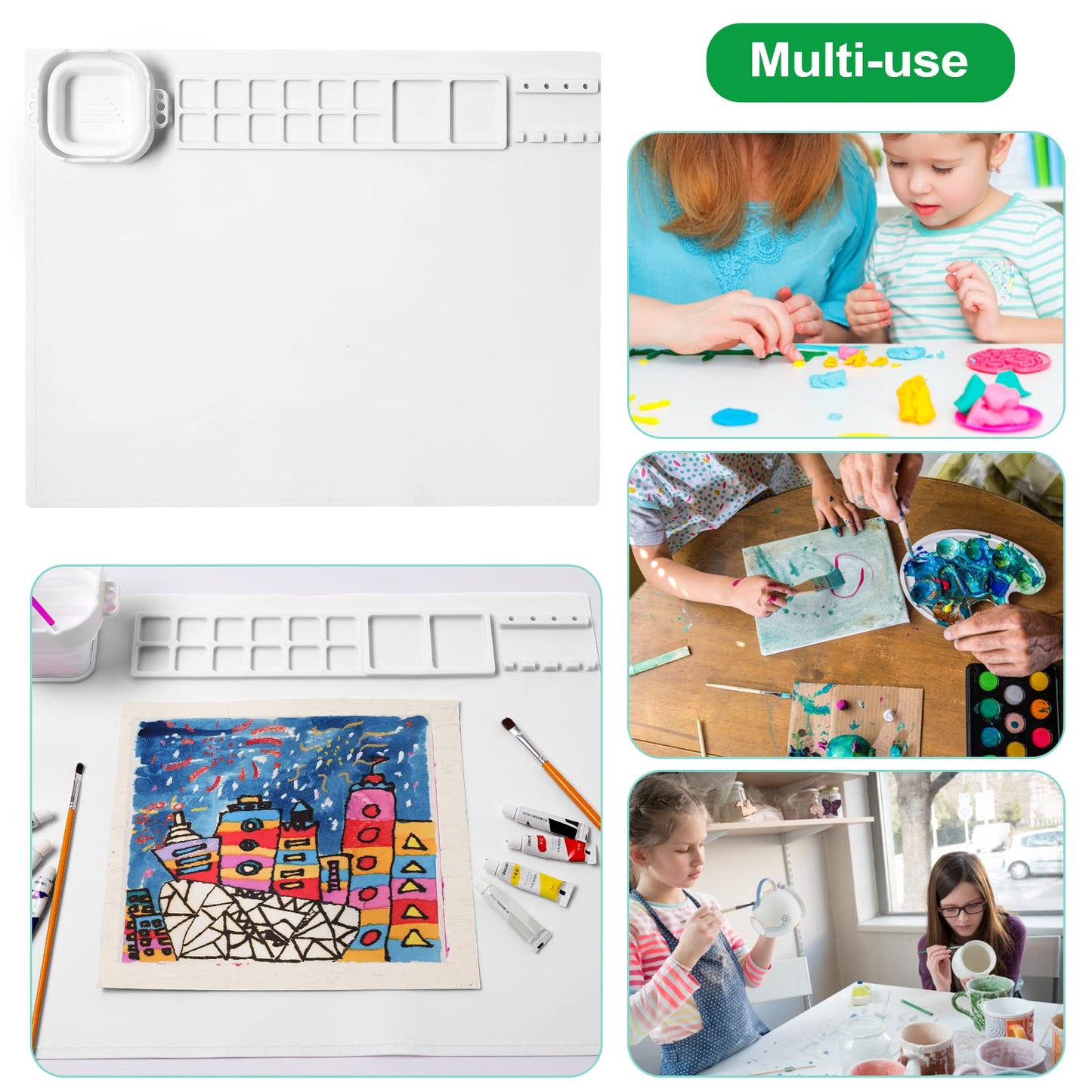 AWOKE Silicone Painting Mat - 20"X16" Silicone Art Mat with 1 Water Cup for Kids - Craft Mat has12 Color Dividers - 2 Paint Dividers (White),Toddler Activities,3 4 5 Year Old Girl Boy Birthday Gifts