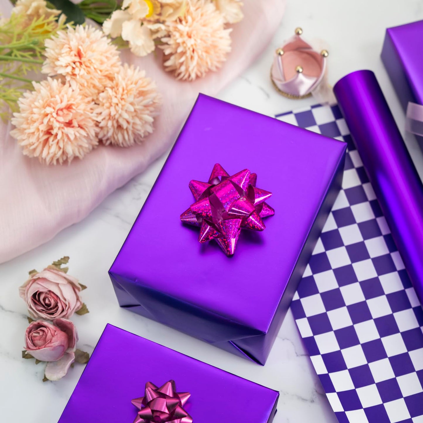 Homeral Purple Wrapping Paper Roll - 17 In x 33 Ft Matte Metallic Solid Color & Purple and White Checkered Reversible Gift Wrapping Paper for Birthday, Wedding, Christmas, Valentine, Baby Shower