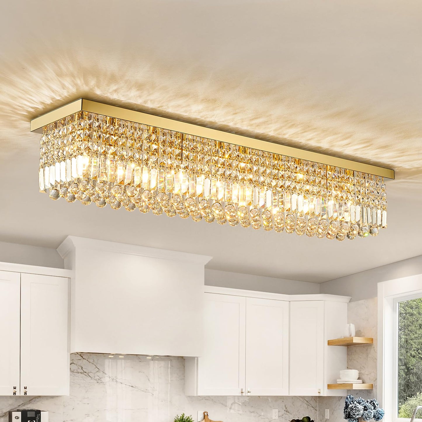 Siljoy 10-Light Modern Crystal Chandelier, Luxury Gold Rectangular Flush Mount Ceiling Light, Large Rectangle Raindrop Chandelier for Living Dining Room Kitchen Island Bar L47'' x W10'' x H10''