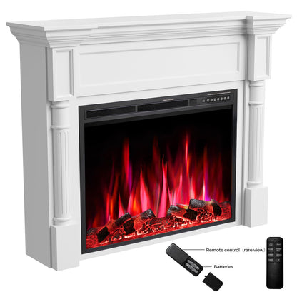 55in Electric Fireplace with Mantel, TV Stand with Freestanding Electric Fireplace, Remote Control, 12 Color Adjustable Flame, 1-8H Timer, 750W/1500W White