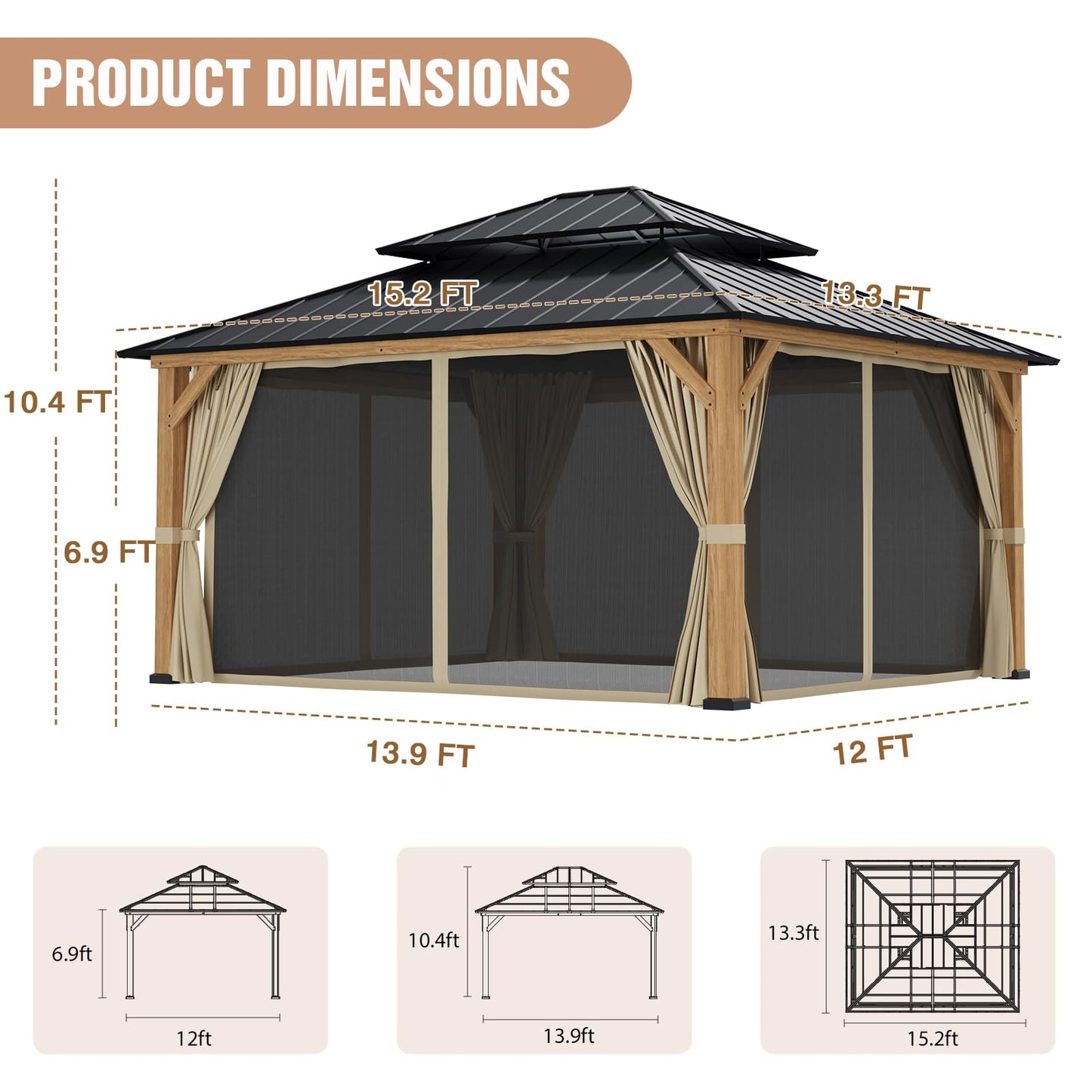 INTER HUT 13x15 Hardtop Gazebo with Netting and Curtains, Galvanized Steel Double Roof Outdoor Pavilion with Cedar Wood Frame, Patio Gazebo for Deck, Garden, Lawn, Natural Wood/Black