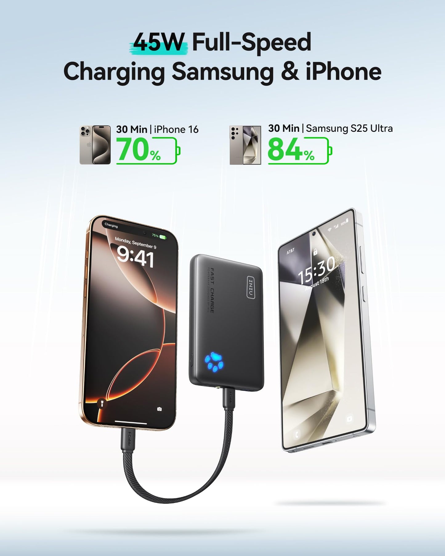INIU Portable Charger, Ultra Slim 10000mAh 45W PD Power Bank, USB C in&Out Fast Charging Battery Pack, External Phone Powerbank Compatible with iPhone 16 15 14 13 Samsung S22 S21 Google iPad etc