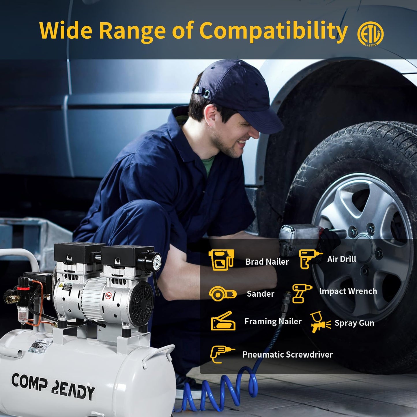 8 Gallon Portable Air Compressor 1HP 2.5 CFM@90PSI 60dB Ultra Quiet Oil Free Air Compressor Ideal for Tire Inflation Pneumatic Tool Spray Painting
