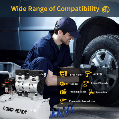 8 Gallon Portable Air Compressor 1HP 2.5 CFM@90PSI 60dB Ultra Quiet Oil Free Air Compressor Ideal for Tire Inflation Pneumatic Tool Spray Painting