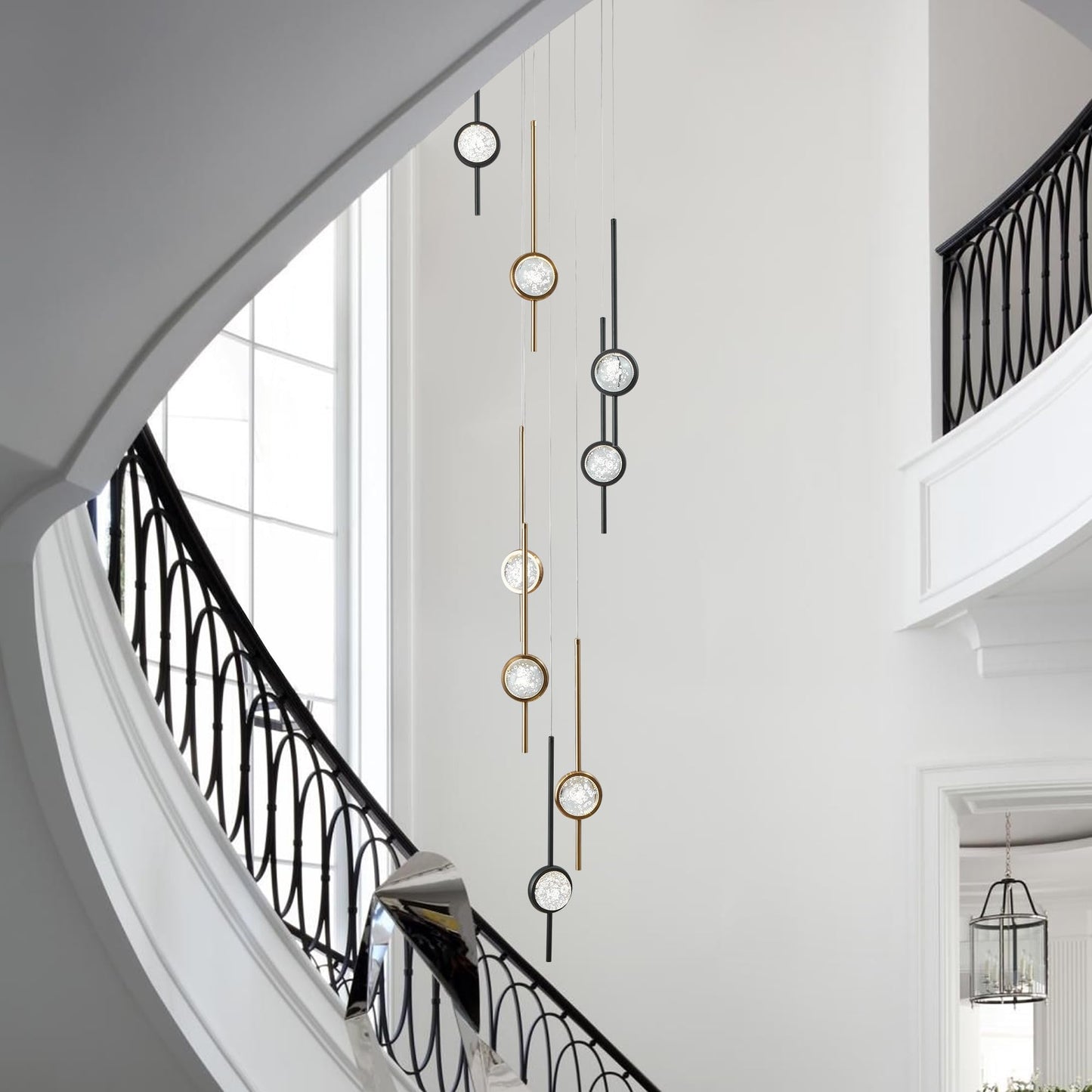 Voerqi 8-Light Chandelier,Crystal Globe Ball Bubble Chandelier with Special Black Gold pins.Black and Gold Chandelier for Spiral Staircase, Foyer, Entryway,High Ceiling (24W)