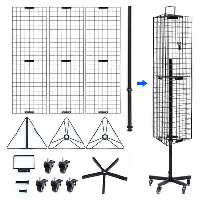 NectaCol Triangular Gridwall Panel Display Stand with Base and Pole, Black Grid Wall Panels with Wheels, Craft Gridwall Display Rack, Art Display Stand, Show Rack, Extra 12pcs Hooks