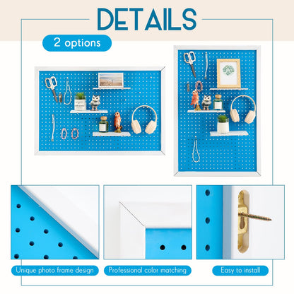 Weysat 36 x 24 Inch Decorative Wood Pegboard Wall Organizer with Frame Large Display Board Kit with 3 Shelves 18 Nails Aesthetic Board Wall Organizer Craft for Room, Office, Sewing (Blue)