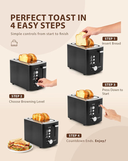Skiennix 2-Slice Toaster - Wide Slots for Bread & Bagels | Stainless Steel with Digital Countdown, 6 Shade Settings, Compact Black Design