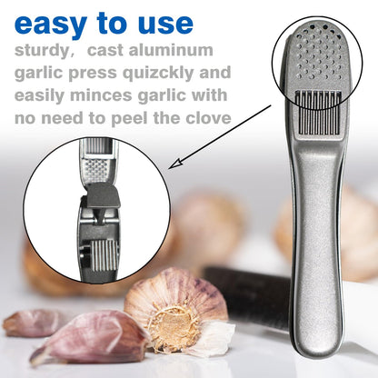 QPQ 2-in-1 Professional Garlic Press and Peeler Set, Aluminum Kitchen Tool with Built-in Cleaner, Manual Crusher and Mincer for Unpeeled Garlic Cloves,Fast And Portable Garlic Peeler