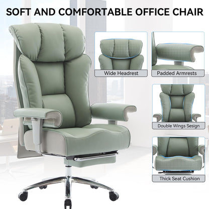 Efomao Big and Tall Office Chair 400lbs - Heavy Duty Executive Desk Chair with Foot Rest & 23" Wide Seat - High Back Ergonomic Leather Computer Chair for Heavy People, Home Office, Green