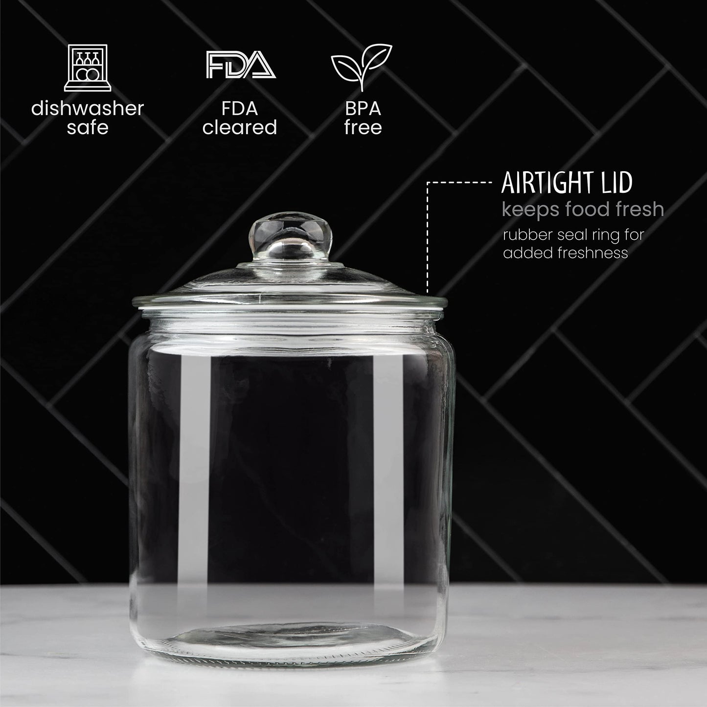 1 Gallon Glass Cookie Jar with Lid – Glass Jar with Lid - Airtight Food Storage Container for Cookies, Candy, Flour, Dog Treats – Clear Large Kitchen Jar for Pantry - Glass Containers with Lids