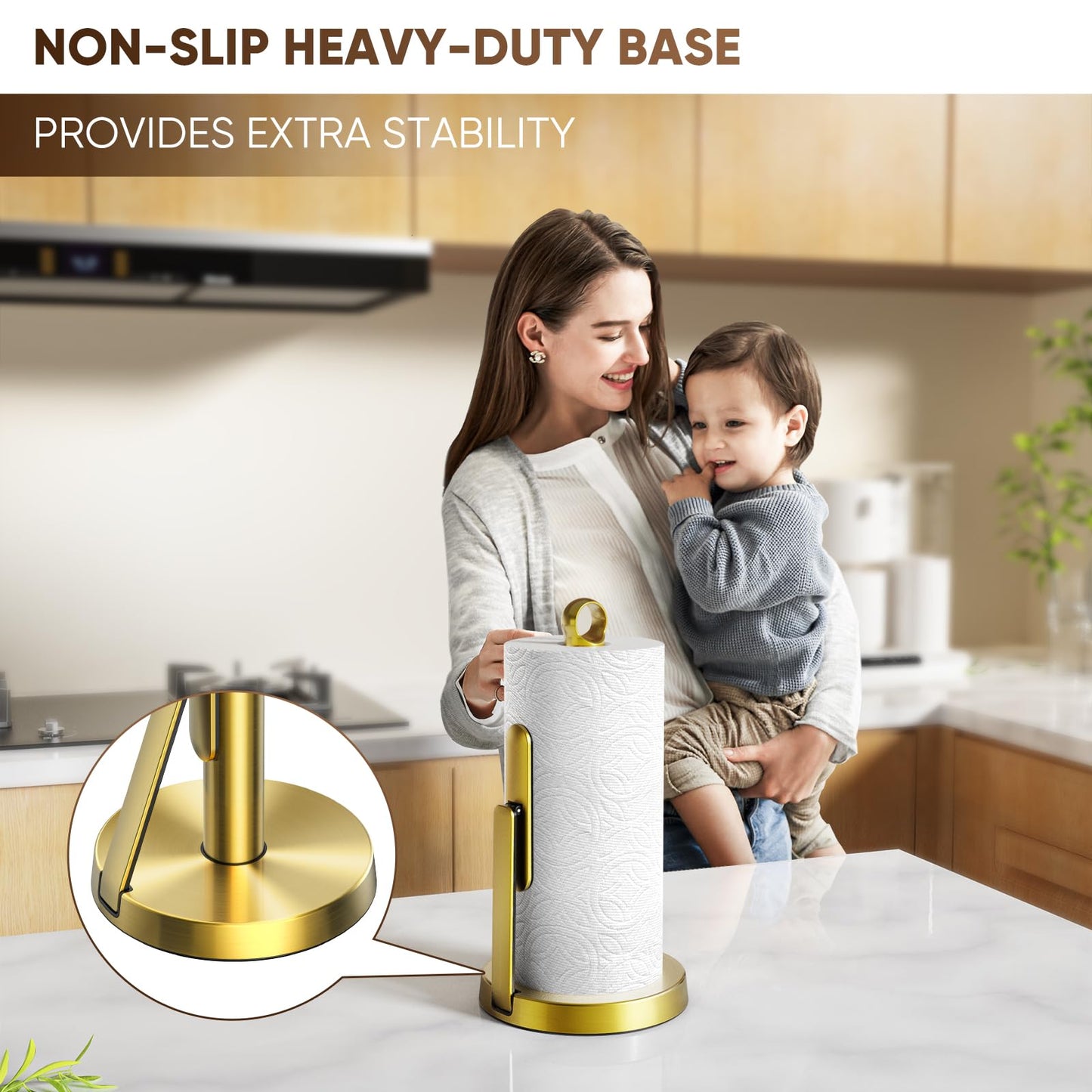 theaoo Heavy-Duty Stainless Steel Paper Towel Holder with Tension Arm – Easy One-Handed Tear, Modern Standing Countertop Dispenser for Kitchen, Holds All Paper Towel Rolls (1, Gold)