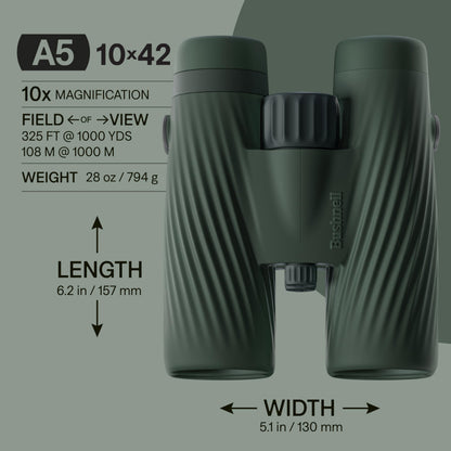 Bushnell A5 10x42 Binoculars for Adults & Kids, Waterproof, Fogproof, 10X Magnification, Dielectric & Phase Coated Prisms, Fully Multi-Coated Lenses & Rubber Armor - Cilantro Green