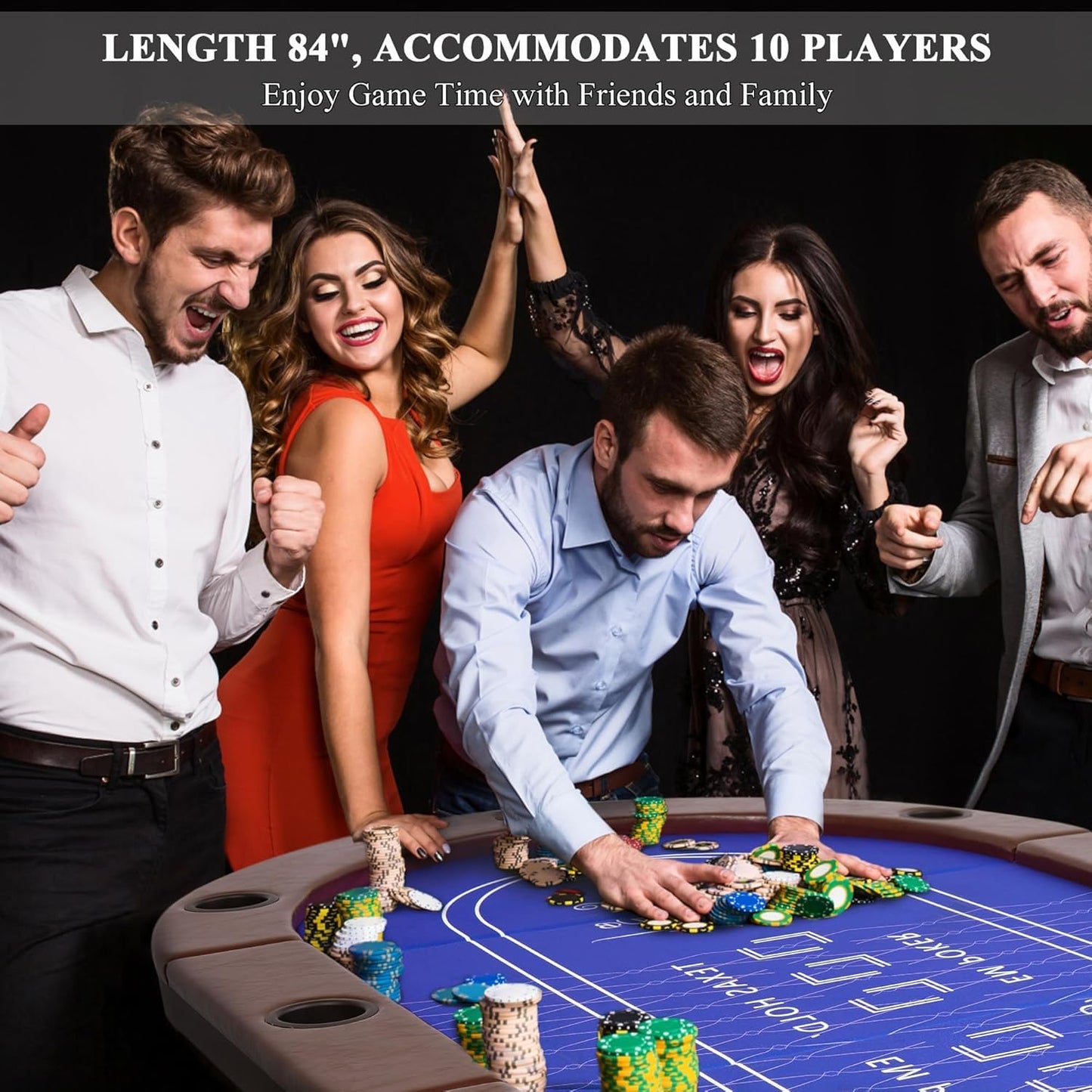 RAYKEEP Foldable Poker Table for 10 Players, 84" Folding Blackjack Texas Holdem Table, Portable Casino Leisure Card Board Game Table with Cup Holders and Padded Rails for Game Room (Brown)