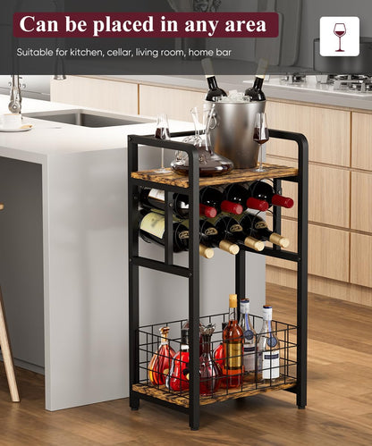 Ansionsol 3-Tier Wine Rack Freestanding Floor with Wood Top, Liquor Stand with Wine Bottle Holder, Corner Wine Bar Table for Small Space, Metal Whiskey Shlef for Kitchen, Cellar, Living Room, Black