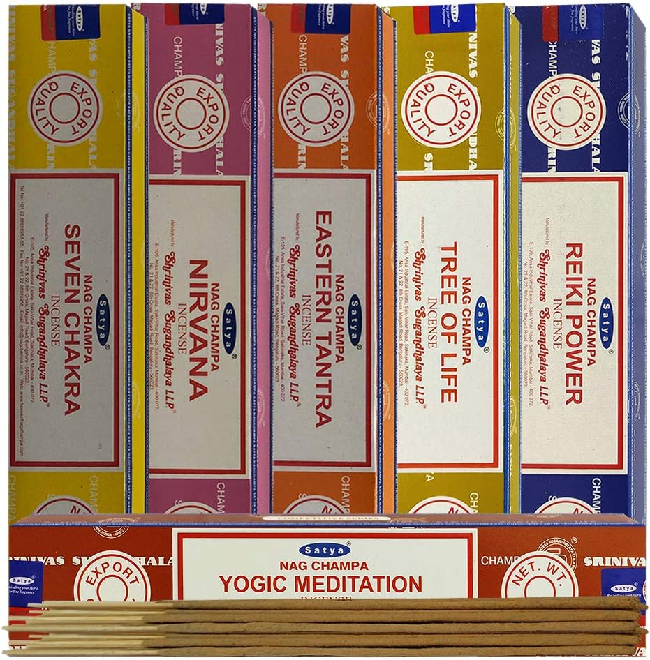 Satya Incense Sticks Variety Pack #6 with Incense Stick Holder Bundle, 6 Spiritual Fragrances