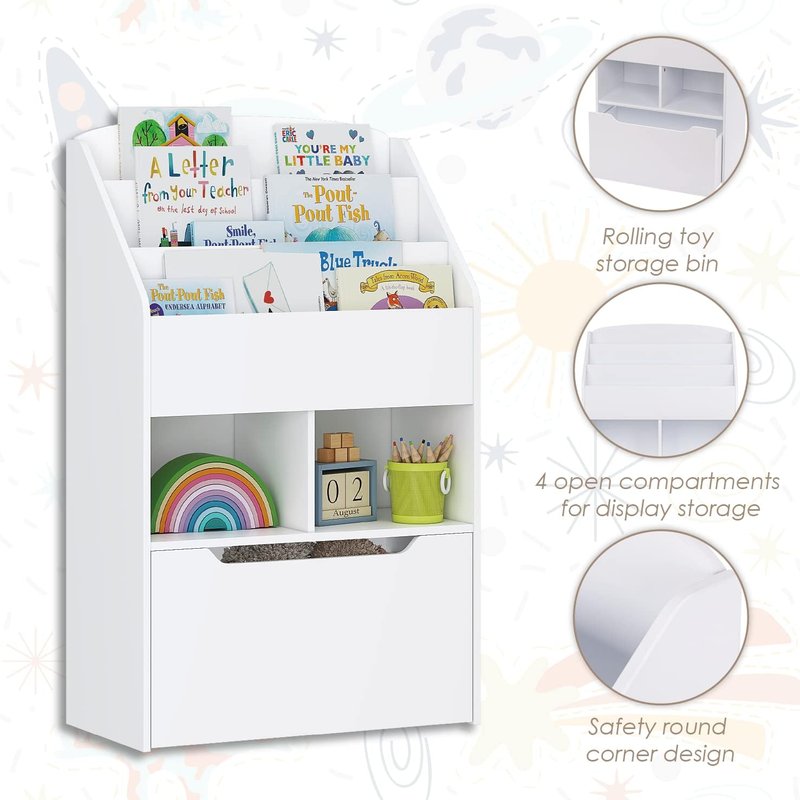 UTEX Kids Bookshelf with Movable Toy Box, Toddler Book Shelf and Toy Storage, Children Book Display Rack Toy Chest Combo for Kids Room & Nursery, White