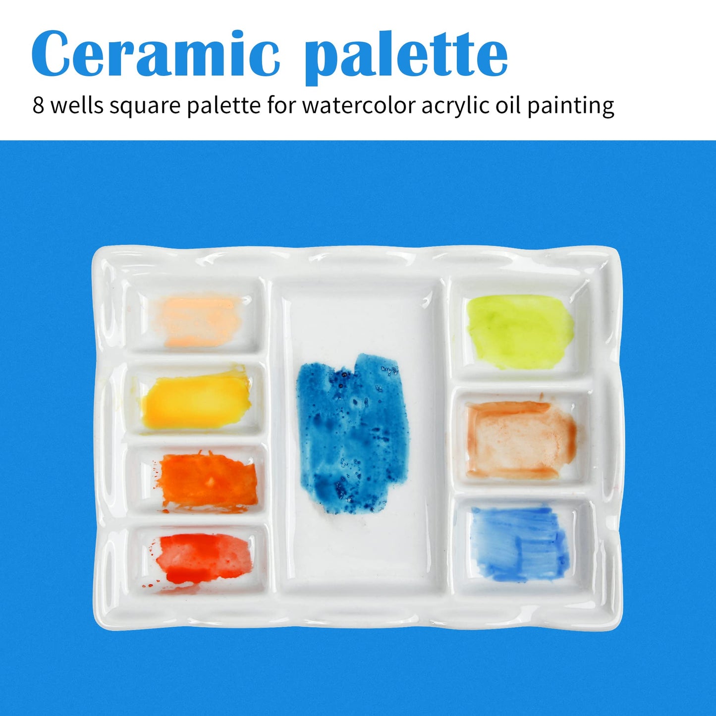 Falling in Art Artist Ceramic Palette, 8 Well Rectangle Porcelain Watercolor Paint Palette for Watercolor Gouache Acrylic Oil Painting, 7-Inch