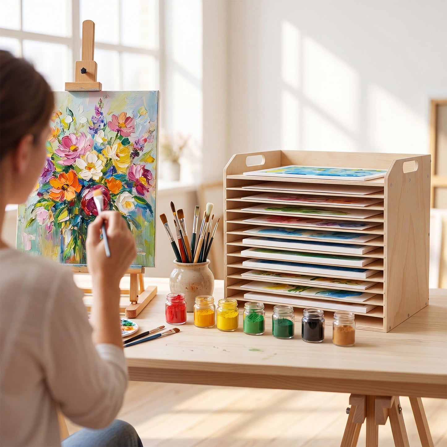 Hoteam Wooden Art Drying Rack with 12 Removable Shelves Canvas Art Paint Drying Rack Wood Tabletop Artwork Display Storage Racks for Home Artwork Studio Craft Room