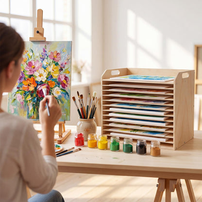 Hoteam Wooden Art Drying Rack with 12 Removable Shelves Canvas Art Paint Drying Rack Wood Tabletop Artwork Display Storage Racks for Home Artwork Studio Craft Room