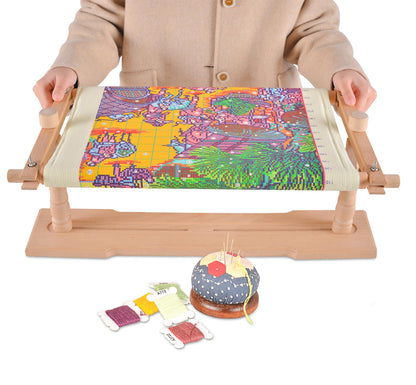 Rotated Table Embroidery Frame Stand - Adjustable Cross Stitch Scroll Frame, Beech Wood Quilting Frame Needlepoint Holder Stretch Bar for Stitching Sewing Craft