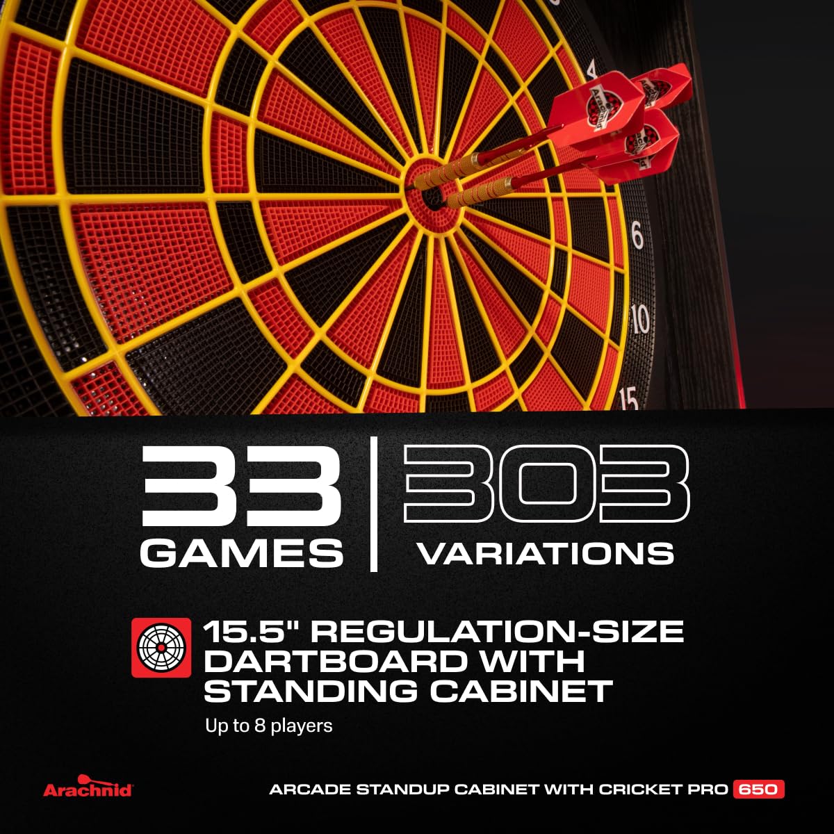 Arachnid Cricket Pro 650 Standing Electronic Dartboard with 24 Games, 132 Variations, and 6 Soft-Tip Darts Included, Brown,E650FS-BK3