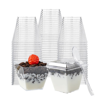 HOMIP 60Pack 4oz Plastic Dessert Cups with Lids and Spoons, Mini Plastic Parfait Cups for Parties, Clear Square Cups for Appetizer Cake Ice-cream