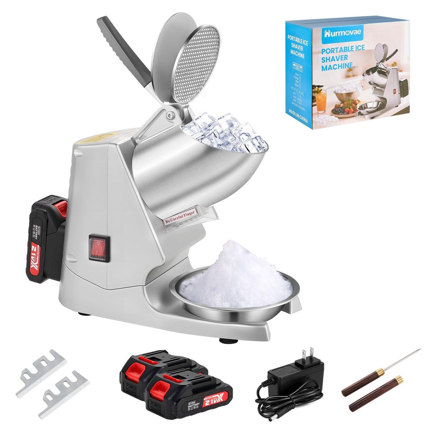Hurmovae 178Ibs/h Cordless Portable Ice Shaver Machine with Dual Blade, Dual Batteries &Ice Pick, 180W Battery Powered Ice Cusher Machine for Home Use &Outdoor (Backyard & Patio), Extra Blades, Silver