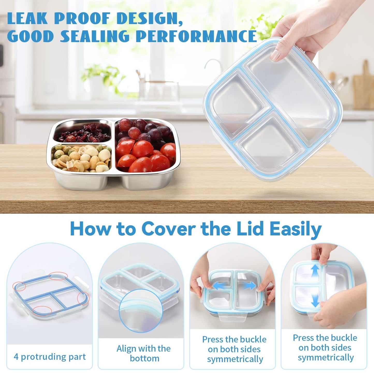 DOCMON Stainless Steel Snack Containers, 3 Compartments Reusable on and go Bento Box with Lids for Kids, Lunch Box Pre Meal Storage for School Office Outdoor Camping Travel - Blue