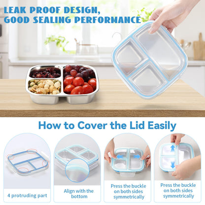 DOCMON Stainless Steel Snack Containers, 3 Compartments Reusable on and go Bento Box with Lids for Kids, Lunch Box Pre Meal Storage for School Office Outdoor Camping Travel - Blue