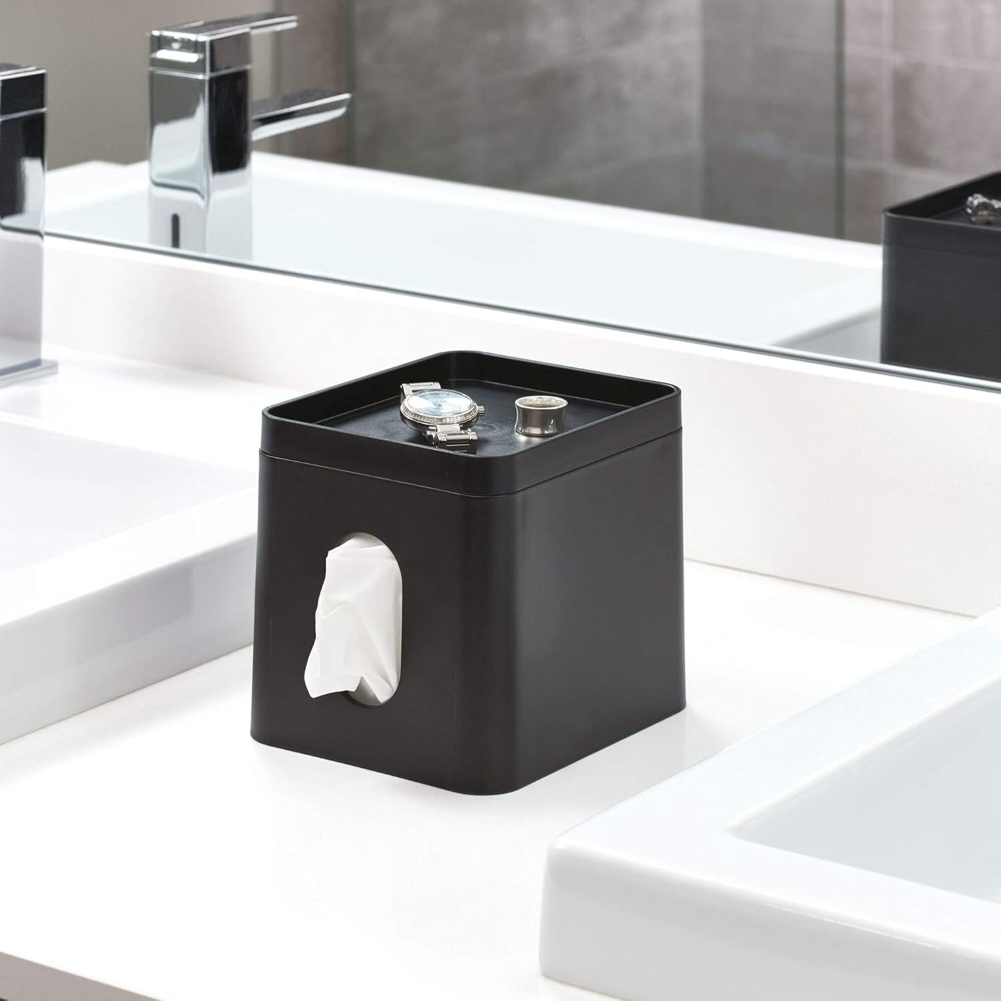 iDesign Facial Tissue Box Cover with Storage Tray, The Cade Collection – 6.1" x 5.15" x 5.4", Matte Black
