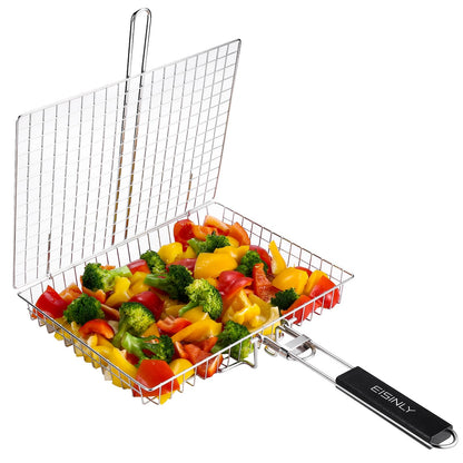 Portable Grill Basket, EISINLY BBQ Grilling Basket for Outdoor Grill with Removable Handle, Stainless Steel Camping Cooking Grill Accessories for Chicken Fish Vegetable