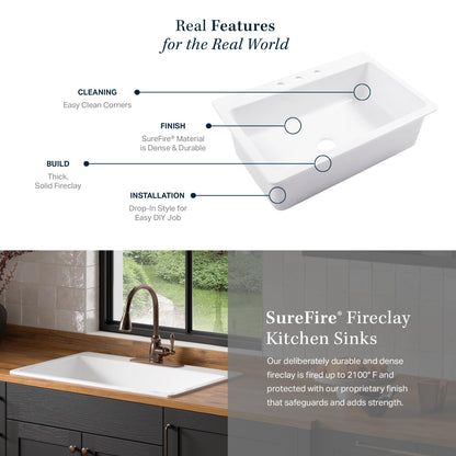 Sinkology Jackson Matte Black Fireclay Drop-In Kitchen Sink - 33 Inch Single Bowl - SureFire Fireclay Won't Chip, Crack, or Stain - 3-Hole - Sinkology Everyday Warranty - Fits 36 Inch Cabinet