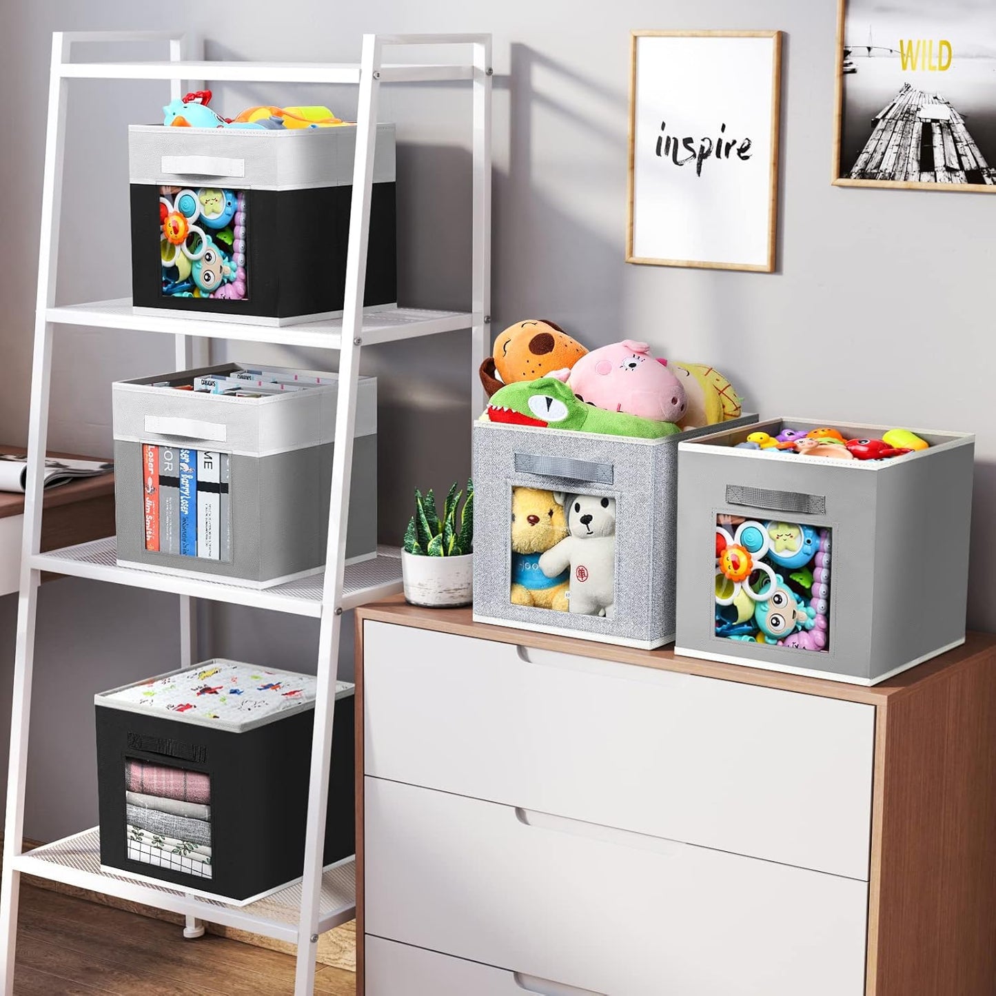 Cube Storage Bins - Fabric Shelves for Closet Organization, Foldable Storage Bins for Clothes, Set of 6, Black