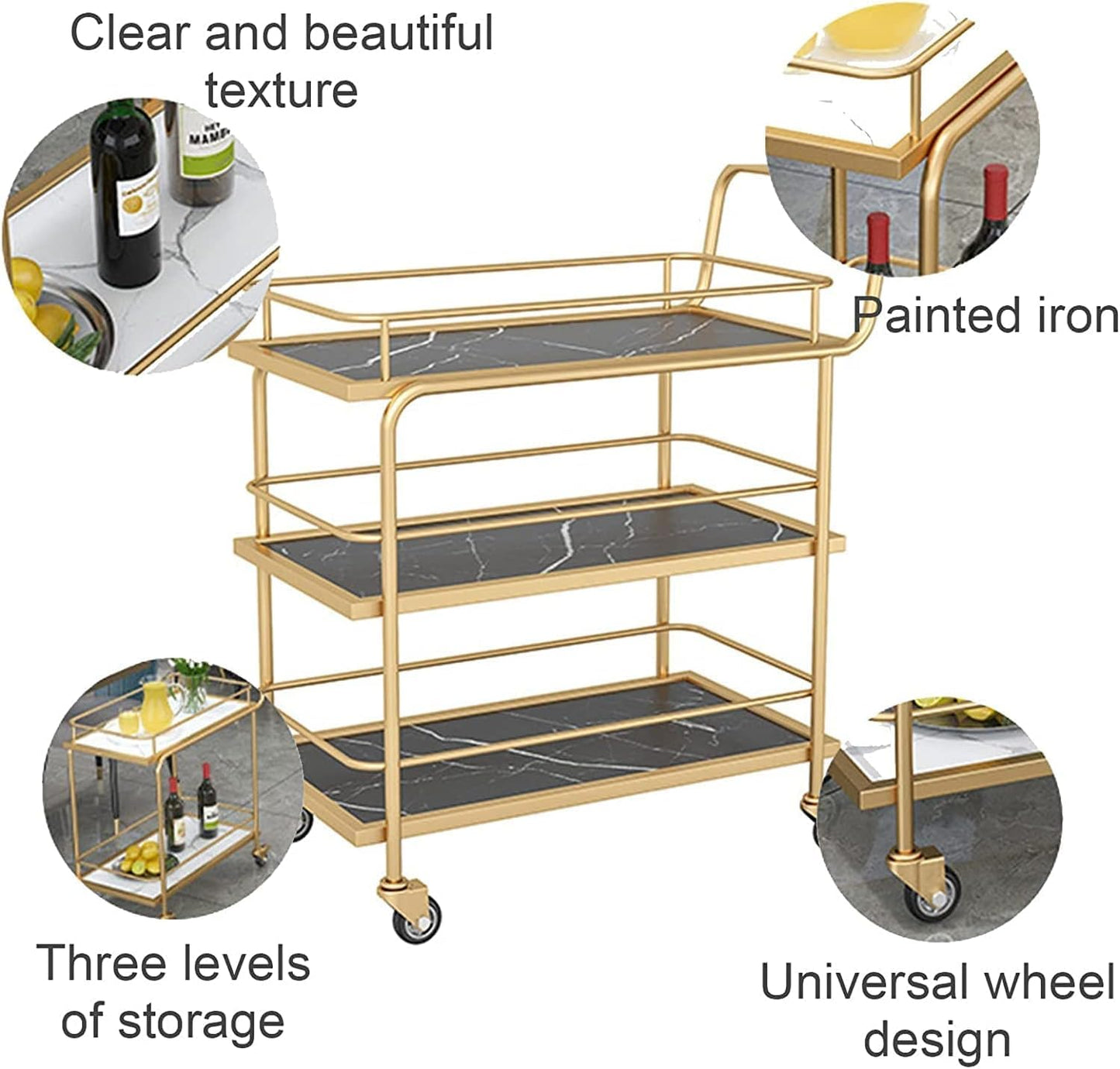 3-Tier Bar Cart with Wheels, Gold Metal Frame with Marble Pattern Shelves, Rolling Serving Trolley with Lockable Casters, Kitchen Living Room Storage Cart, 27x15x34 Inches