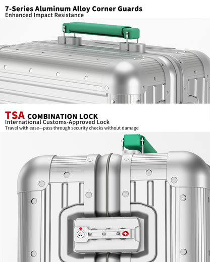 Varyleap All Aluminum Checked in Luggage, Zipperless Aluminum Suitcase, Hard Shell Carry On Luggage with TSA Lock, Spare Wheels for Travel. (Silver, 24in)