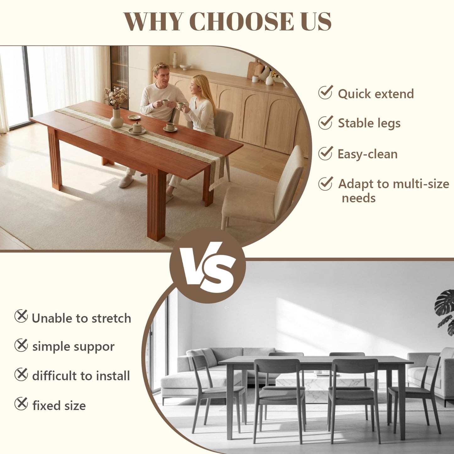 Extendable Dining Table, 54-85 Inch Expandable Table for 4-10 People, Modern Rectangular Dining Table, Space-Saving for Kitchen & Dining Room
