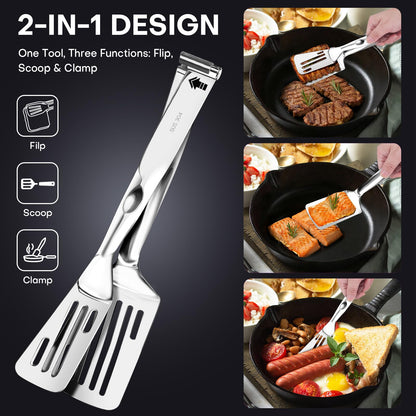 Nezylaf 2-in-1 Spatula Tongs, 11.8 Inch 304 Stainless Steel Kitchen Tongs for 12 Inch Cooking Use, Detachable Metal Tongs with Oil Drain Holes for Grilling Frying Steak