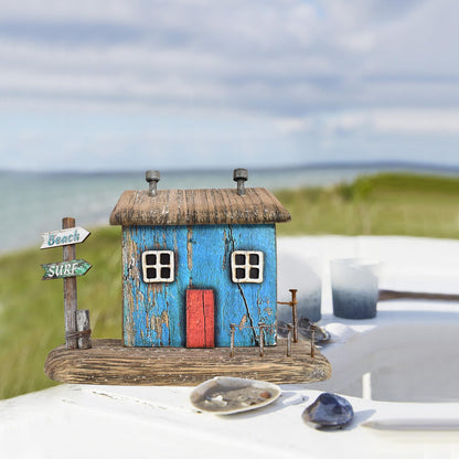Veclotch Wood Miniature Nautical Table Sculptures Home Decor, Small Wooden House Figurine Garden Ornament Summer Mini House Statue with Beach Surf Sign