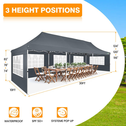 COBIZI 10x30 Pop up Canopy with Roller Bag & 8 Removable Sidewalls, Canopy Tent for Parties, Wedding, and Commercials, Waterproof and Instant Shelter UV50+ Outdoor Gazebo with 4 Sandbags(Gray)